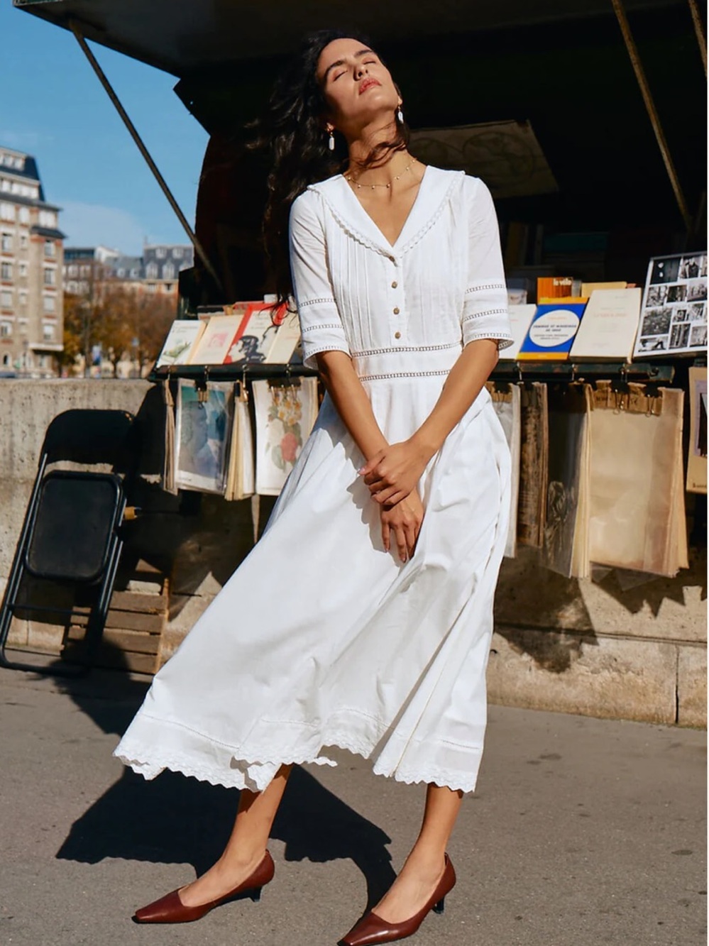 Simple Retro FIONA 100% COTTON WHITE MIDI DRESS - Size S